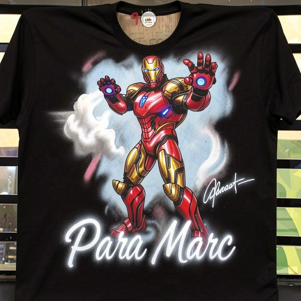 Camiseta aerografiada de Iron Man, ejemplo real personalizado